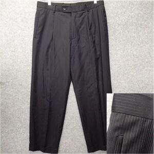 Hugo BOSS Wool Pleated Pants Mens 36x30 Black Blue Pinstripe Cuff Einstein Sigma